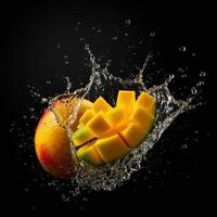 ai generativo Mango frutta nel acqua spruzzata, isolato su nero sfondo. creativo cibo concetto. foto