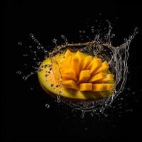 ai generativo Mango frutta nel acqua spruzzata, isolato su nero sfondo. creativo cibo concetto. foto