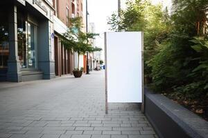 ai generativo un' vuoto bianca tabellone modello su un' marciapiede nel un' città foto