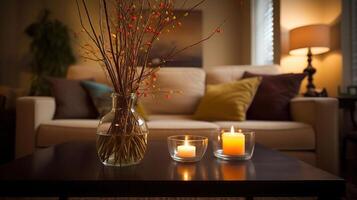 interno di vivente camera con salice rami nel vaso, divano e ardente candele, generativo ai foto