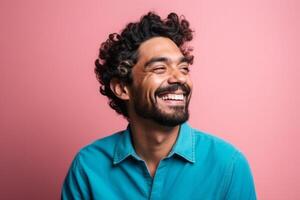 ai generativo un' uomo su solido colore sfondo con un' Sorridi facciale espressione foto