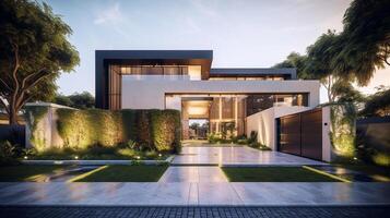 ai generativo esterno di moderno lusso Casa con giardino e bellissimo cielo foto