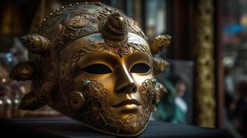 bellissimo veneziano maschera, con oro decorazioni isolato, generativo ai foto