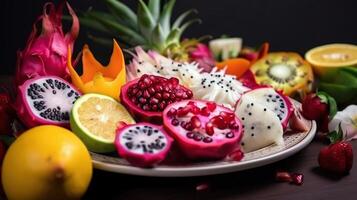 frutta insalata con Drago frutta e esotico frutta. salutare dieta e vegetariano cibo, generativo ai foto