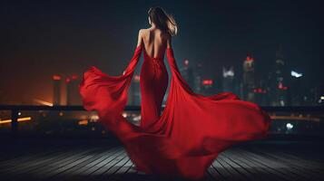 moda donna nel rosso svolazzanti vestito indietro lato posteriore Visualizza. fascino modello danza con lungo seta tessuto volante su vento al di sopra di notte cielo città leggero paesaggio, generativo ai foto