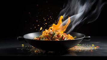 congelare movimento di wok padella con volante ingredienti nel il aria e fuoco fiamme, generativo ai foto