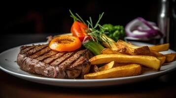 grigliato bistecca con francese patatine fritte e verdure servito su di legno tavolo, generativo ai foto