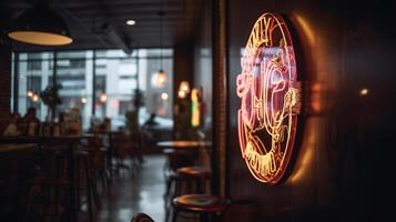 neon cartello su parete nel interno di bar, generativo ai foto