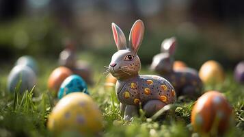 Pasqua coniglietto - decorato uova e carino coniglio nel soleggiato primavera prato con sfocato astratto luci, generativo ai foto