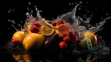 frutta su nero sfondo con acqua spruzzata, generativo ai foto