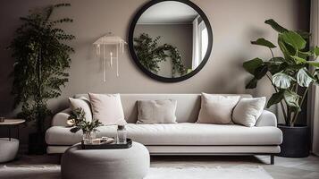 interno di leggero vivente camera con confortevole divano, piante d'appartamento e specchio vicino leggero parete, generativo ai foto