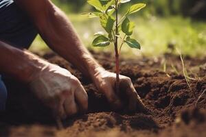 persona piantare giovane albero, avvicinamento su mani e pianta. generativo ai foto