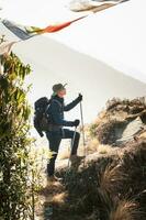 un' giovane viaggiatore il trekking su foresta pista , Nepal foto