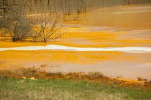 un' lago contaminati con tossico rifiuto nel il occidentale montagne di Romania. natura inquinamento a partire dal rame il mio. ecologico catastrofe o ambientale disastro foto