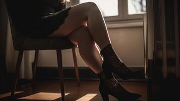 donna nel nero tacchi e sexy gambe seduta a casa, generativo ai foto