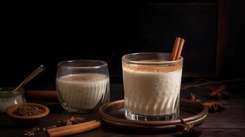 delizioso Orzata con cannella nel il superiore. riso acqua. valenciano Orzata fatto con Riso, latte e cannella guarnizione. messicano bere. vegetariano cocktail. riso latte, generativo ai foto