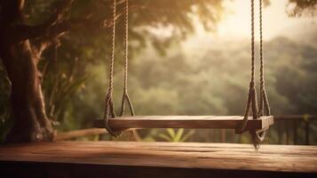 vecchio di legno terrazza con di vimini swing appendere su il albero con sfocato natura sfondo 3d rendere, generativo ai foto