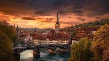 incredibile vivido paesaggio urbano. panoramico Visualizza storico vecchio cittadina di Berna città con colorato cielo, Visualizza su ponte al di sopra di aare fiume e Chiesa Torre durante drammatico tramonto. Berna. Svizzera. generativo ai foto