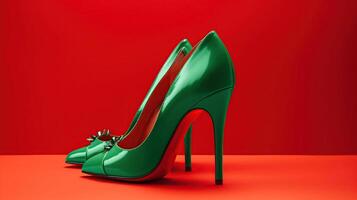 rosso alto tacchi isolato su un' luminosa verde pastello sfondo. un' moderno e alla moda scarpa negozio, generativo ai foto