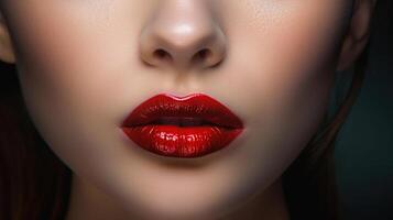 alto moda, fascino avvicinamento labbra di bellissimo caucasico giovane donna modello. Perfetto pulito pelle con colorato rosso labbra e rossetto. generativo ai foto