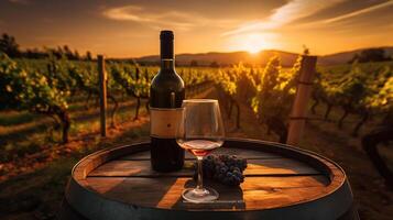 bottiglia e bicchieri di vino su barile nel vigneto a tramonto, generativo ai foto