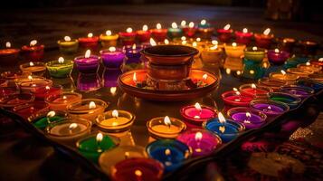 Diwali celebrazione - diya olio lampade illuminato su colorato Rangoli, generativo ai foto