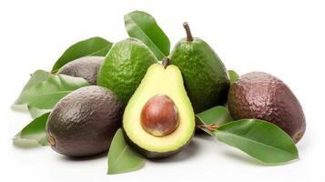 molti fresco tagliare avocado e le foglie isolato su bianca, generativo ai foto