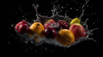 iper realistico frutta caduta nel acqua fluire, movimento, cristalli, generativo ai foto