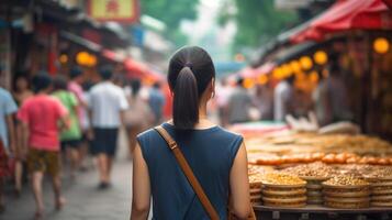 donna turista a piedi nel chinatown su Cina viaggio. asiatico ragazza su wangfujing cibo strada durante Asia estate vacanza, generativo ai foto