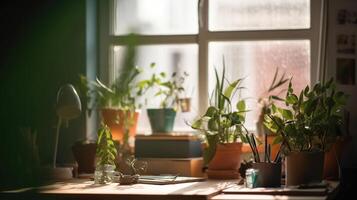 scrivania di gratuito spazio con verde pianta e finestra di primavera volta, generativo ai foto
