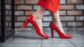 sexy rosso alto tacchi. moda concetto, passerella. un' moderno e alla moda scarpa negozio. su un' bianca mattone sfondo, generativo ai foto