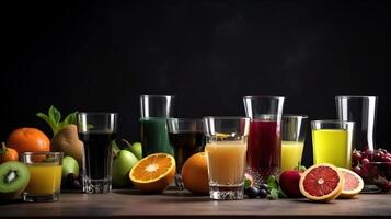 bicchieri con diverso succhi di frutta e fresco frutta su tavolo con nero baground, generativo ai foto