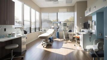 interno di moderno medico ufficio con medico posto di lavoro e grande finestra, generativo ai foto