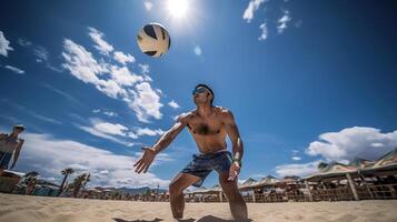 spiaggia pallavolo giocatore nel azione a soleggiato giorno sotto blu cielo, generativo ai foto