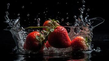 fragole volo a vela attraverso acqua con un' bene spruzzo e un' nero sfondo, generativo ai foto