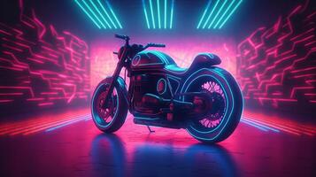 futuristico motocicletta su un' vivace colorato retrowave paesaggio con un' griglia modello nel il cyberspazio orizzontale versione, generativo ai foto