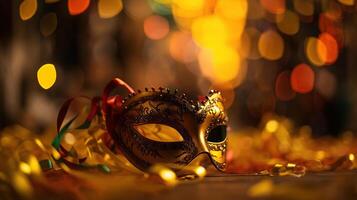 carnevale festa - veneziano maschera su giallo raso con brillante stelle filanti, generativo ai foto