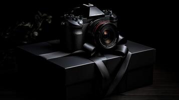 nero Venerdì saldi, lusso regalo scatola su nero sfondo, generativo ai foto