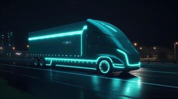 futuristico tecnologia concetto, autonomo semi camion con carico trailer unità a notte su il strada con sensori lettura circostante. generativo ai foto