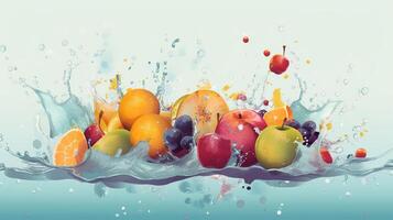 spruzzi frutta su acqua. fresco frutta e verdure essere tiro come essi sommerso sotto acqua. illustrazione di lavaggio cibo prima essere processi ulteriore in un' salutare e naturale cibo, generativo ai foto