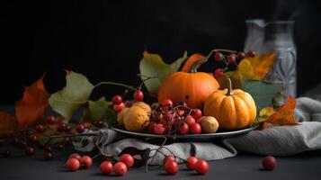 avvicinamento Visualizza di di stagione tavolo ambientazione con autunno foglie, zucche e frassino su grigio sfondo, spazio per testo. ringraziamento giorno, generativo ai foto
