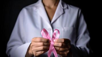medico mani Tenere rosa cancro consapevolezza nastro, generativo ai foto