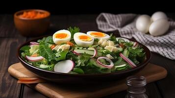 insalata con bollito uovo e verdure su di legno tavolo, generativo ai foto