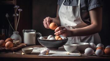 donna screpolatura uova in ciotola per cucinando Pasticcino, generativo ai foto