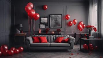 interno di vivente camera con divano, tavoli e rosso palloncini, per romantico coppia, generativo ai foto