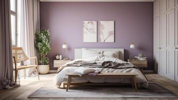 interno di elegante Camera da letto con lilla parete, generativo ai foto