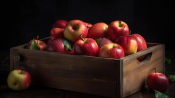 maturo mele nel di legno scatola su il Vintage ▾ tavolo, generativo ai foto