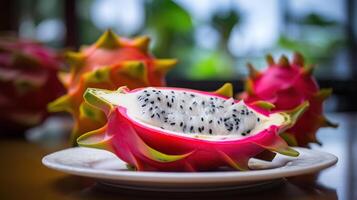 Drago frutta fetta su bianca piatto con sfocatura sfondo, fresco bianca e rosa rosso viola Drago frutta tropicale, generativo ai foto