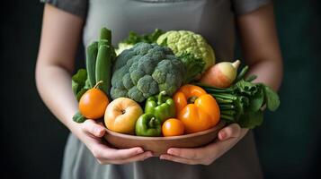 incinta donna è Tenere fresco verdure nel sua mano. il concetto di salutare mangiare durante gravidanza. Salute cura durante gravidanza, generativo ai foto