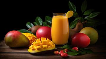 fresco tropicale frutta frullato Mango succo con le foglie e frutta, generativo ai foto